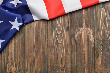 USA flag on wooden background with space for text