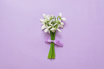 Beautiful white snowdrops flowers on color background.