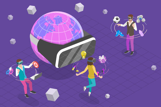 3D Isometric Flat Vector Conceptual Illustration of Metaverse Virtual Worlds, Augmented Reality Technology