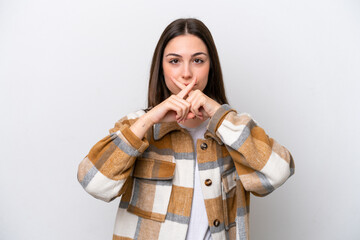Young girl isolated on white background showing a sign of silence gesture