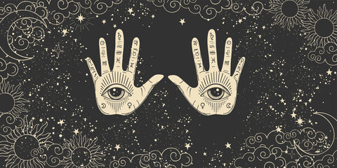 Mystical poster for numerology, astrology and future prediction. Two palms of a hand with an all-seeing eye on a mystical black background with the moon, sun, stars. Vector boho background