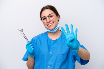 Dentist caucasian woman holding tools isolated on white background happy and counting four with...