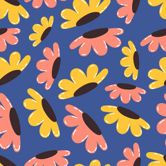 seamless pattern with flowers on the blue background. Vector pattern template in cartoon style. Floral background with yellow and pink flowers