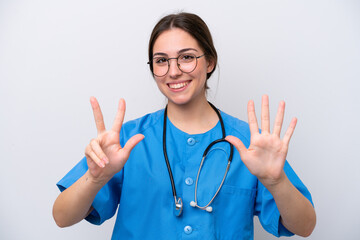 surgeon doctor woman holding tools isolated on white background counting eight with fingers