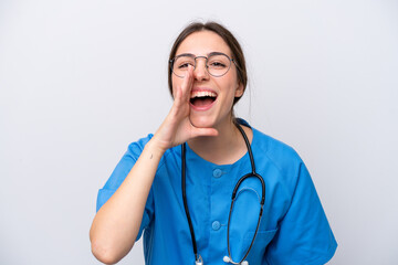 surgeon doctor woman holding tools isolated on white background shouting with mouth wide open