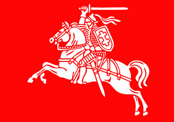 Vytis Lithuania symbol an armored rider on a horse, holding sword raised above his head in his right hand. Shield with a double cross hangs next to the rider's left shoulder.
