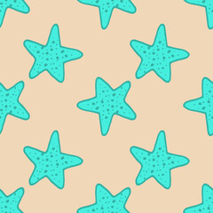 Fototapeta na wymiar a pattern of blue starfish. seamless pattern of turquoise sea stars, on a sandy beach for a summer design template. the starfish is hand-drawn in the doodle style with dots