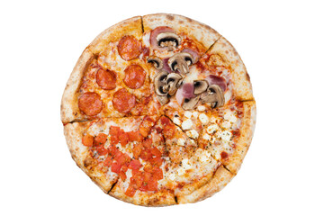 Tasty pizza isolated on a white background. Sliced pizza overhead view.