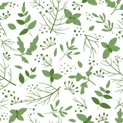 Endless repeating texture with spicy herbs. Flat vector seamless pattern of vitamin food. Background on the theme of cuisine, cooking, farm products, healthy food for printing and decor.