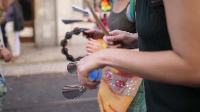 activists playing drums on lgbt pride parade Lisbon slow motion 4k
