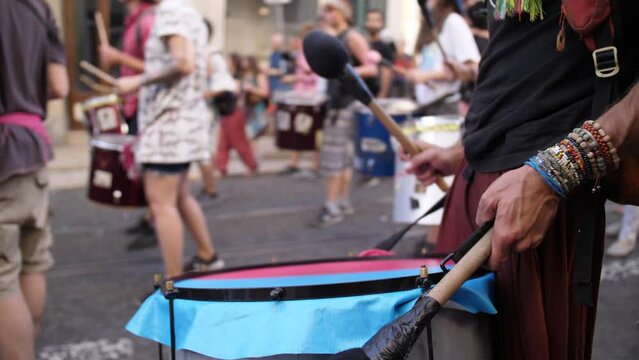 activists playing drums on lgbt pride parade Lisbon slow motion 4k