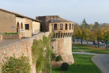 Sforza Castle in Imola, the circular tower along the raised patrol walkways