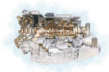Modern car engine and gear box. Cross section