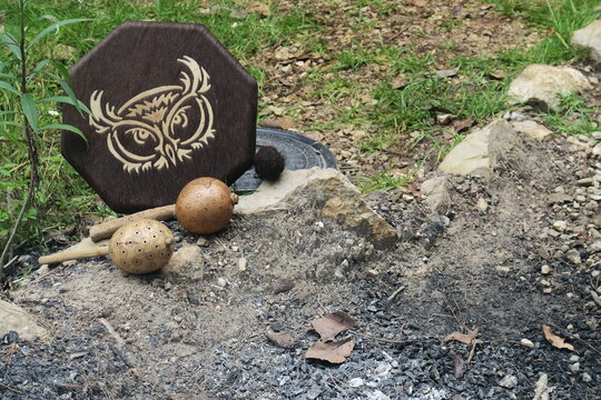 Handmade leather drum for spiritual healing in a temazcal and accompany for singing rituals 