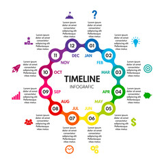 12 months or steps round diagram, whole year life plan or repeated cycle timeline, colorful vector infographic