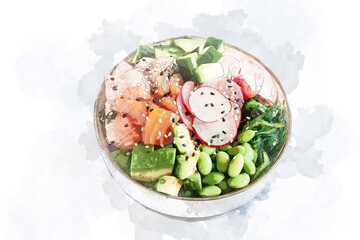Artwork Sketch of a colored Poke Bowl with Salmon
