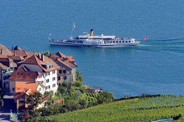 Lavaux - cruise  steamboat passing Rivaz, Lavaux vineyards on terraces - UNESCO World Heritage,...