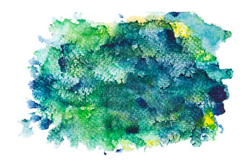 Abstract Green, Blue, and Yellow watercolor paint on paper. Art and Craft product. Real watercolor painting and paper texture wallpaper.