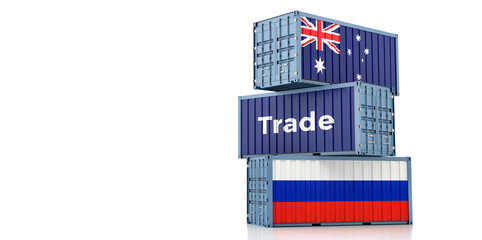 Freight containers with Russia and Australia national flags. 3D Rendering 