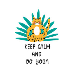 Tiger doing yoga illustration with jungle leaves and lettering