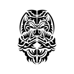 Tiki mask design. Traditional decor pattern from Polynesia and Hawaii. Isolated on white background. Tattoo sketch. Vector.
