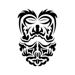 Tiki mask design. Native Polynesians and Hawaiians tiki illustration in black and white. Isolated. Ready tattoo template. Vector.