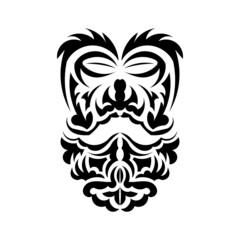 Tiki mask design. Native Polynesians and Hawaiians tiki illustration in black and white. Isolated. Ready tattoo template. Vector.