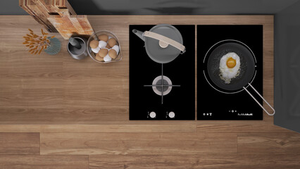 Gray and wooden kitchen close up, induction and gas hob with pot and fried egg in a pan. Vase with spikes, cutting boards. Top view, plan, above with copy space, interior design