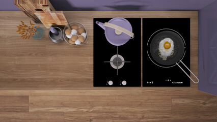 Liliac and wooden kitchen close up, induction and gas hob with pot and fried egg in a pan. Vase with spikes, cutting boards. Top view, plan, above with copy space, interior design