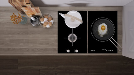 Dark wooden kitchen close up, induction and gas hob with pot and fried egg in a pan. Vase with spikes, cutting boards. Top view, plan, above with copy space, interior design - obrazy, fototapety, plakaty