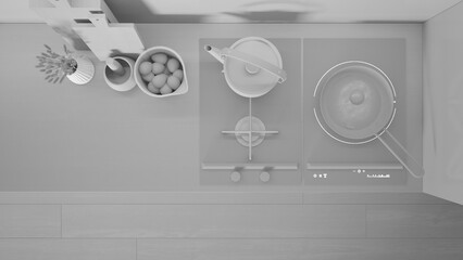 Total white project, kitchen close up, induction and gas hob with pot , fried egg in pan. Vase with spikes, cutting boards. Top view, plan, above with copy space, interior design