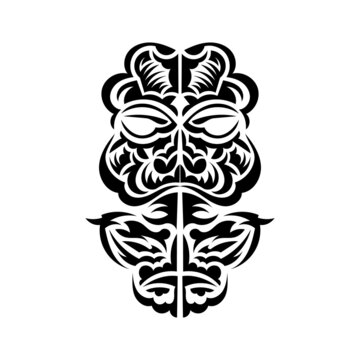 Tiki mask design. Native Polynesians and Hawaiians tiki illustration in black and white. Isolated on white background. Ready tattoo template. Vector.
