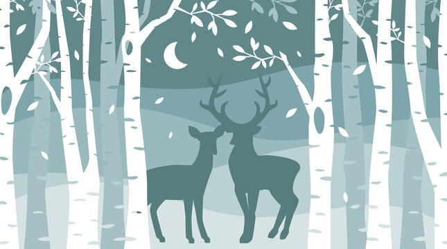 Deer and doe in winter forest picture. Magic night woods scene landscape illustration.