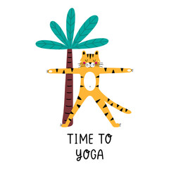 Tiger doing yoga illustration with palm tree and lettering