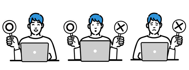 ラップトップの前でマルバツの札を持っている若い男性のセット
