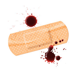 Band aid with falling blood drops from cut wound, realistic 3d bloody stain on bandage - obrazy, fototapety, plakaty
