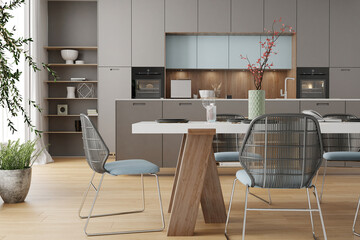 Modern interior of kitchen with living room	