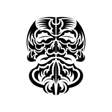 Black and white Tiki mask. Traditional decor pattern from Polynesia and Hawaii. Isolated. Flat style. Vector illustration.
