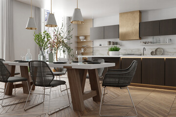 Modern interior of kitchen with living room	