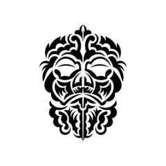 Black and white Tiki mask. Traditional decor pattern from Polynesia and Hawaii. Isolated on white background. Tattoo sketch. Vector illustration.