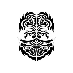 Fototapeta premium Black and white Tiki mask. Traditional decor pattern from Polynesia and Hawaii. Isolated on white background. Ready tattoo template. Vector.