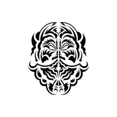 Black and white Tiki mask. Native Polynesians and Hawaiians tiki illustration in black and white. Isolated. Ready tattoo template. Vector illustration.