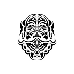 Black and white Tiki mask. Native Polynesians and Hawaiians tiki illustration in black and white. Isolated. Ready tattoo template. Vector illustration.