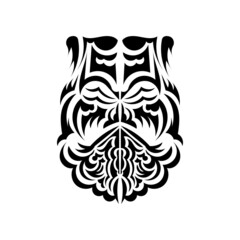 Black and white Tiki mask. Native Polynesians and Hawaiians tiki illustration in black and white. Isolated on white background. Flat style. Vector.
