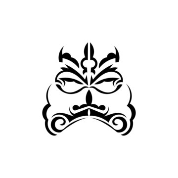 Black and white Tiki mask. Frightening masks in the local ornament of Polynesia. Isolated on white background. Ready tattoo template. Vector illustration.