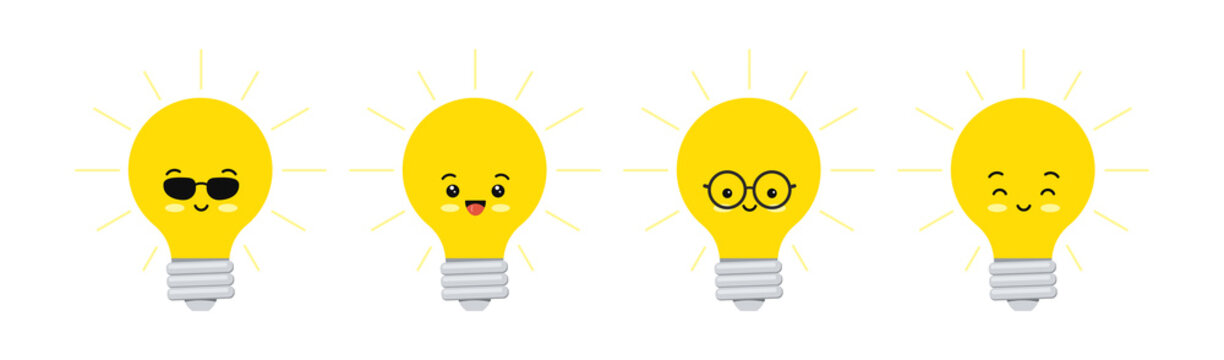 Cute light bulb smile funny  character vector set. Flat design cartoon electric lamp emoji with face illustration isolated on white background. Lightbulb mascot collection.