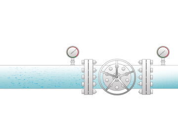 Transparent view of pipeline with fluid transportation. Scheme with installed pressure gauges and valves on the pipe.