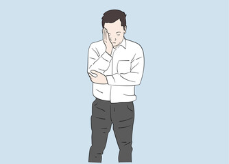 Working man who seems to be thinking hard. Hand drawn style vector design illustrations. 