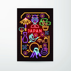 Japan Neon Flyer. Vector Illustration of Country Promotion.