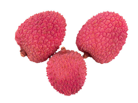 Lychee fruit isolated on white background. Tropical exotic fresh ripe fruit. Litchi chinensis. Clipping path. Top view.